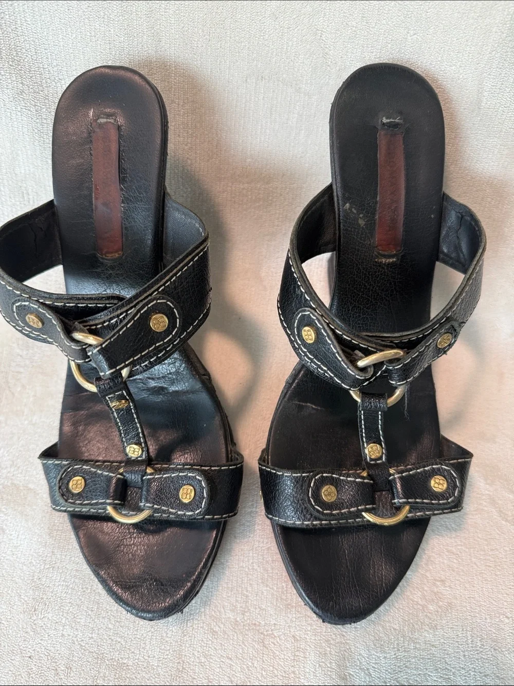 BCBG MAXAZARIA Y2K Black Leather Wedge Sandals, Size 9